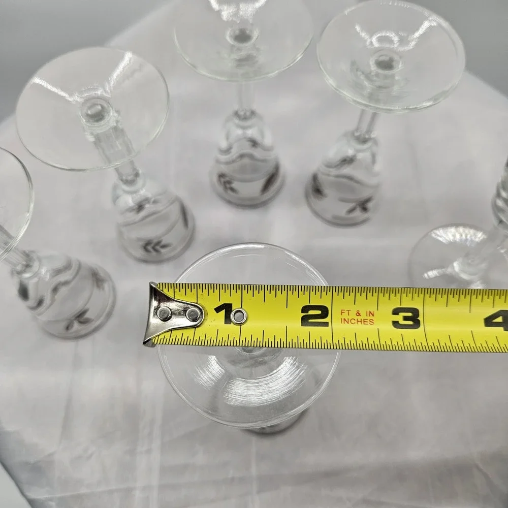 Set of 6 Clear Cordial Shot Glasses Silver Leaf Etched‎ Design